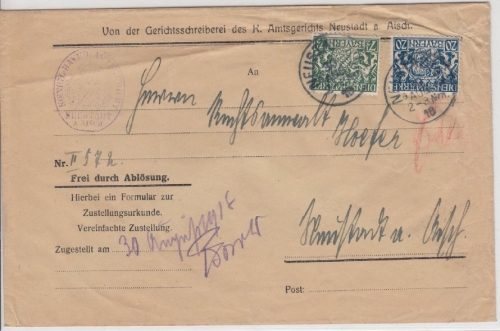 Bayern - Neustadt a.Aisch 1918, 20+7 1/2 Pfg. Staatswappen Orts-Zustellurkunde