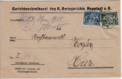 Bayern - 20 + 7 1/2 Pfg. Staatswappen, Orts-Zustellurkunde Neustadt a.Aisch 1918