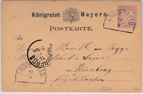 Bayern - Langenfeld 11/8, HKS a. 5 Pfg. GA-Karte n. Nürnberg