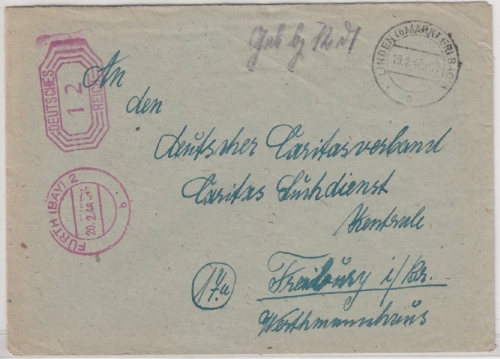 All.Bes. - Linden (b. M. Erlbach) 19.2.46, hds. Gebühr bezahlt Vermerk a. Brief