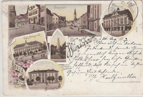 Bayern - Windsheim, Mehrbild-Farblitho(u.a. Amtsgericht, Rathaus), gelaufen 1897