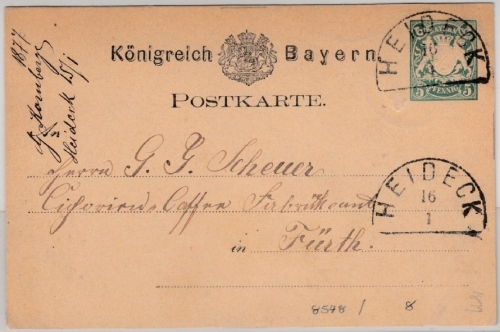 Bayern - Heideck 16/1 (1877), HKS a. 5 Pfg. GA-Karte n. Fürth