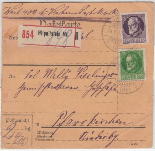 Bayern - 80+5 Pfg. Ludwig, Wertpaketkarte Hilpoltstein - Pfarrkirchen 1919