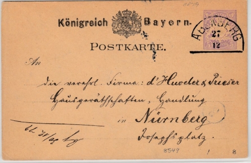 Bayern - Abenberg 27/12 (1879), HKS a. 5 Pfg. GA-Karte v. Dürrenmungenau n.