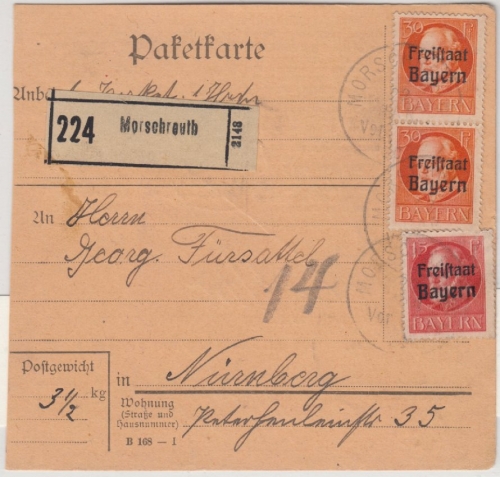 Bayern - 2x30+15 Pfg. Ludwig/Freistaat, Paketkarte Morschreuth - Nürnberg 1920