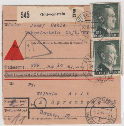 DR - 2x1 RM. AH, Nachnahme-Paketkarte Gößweinstein - Spremberg 1944