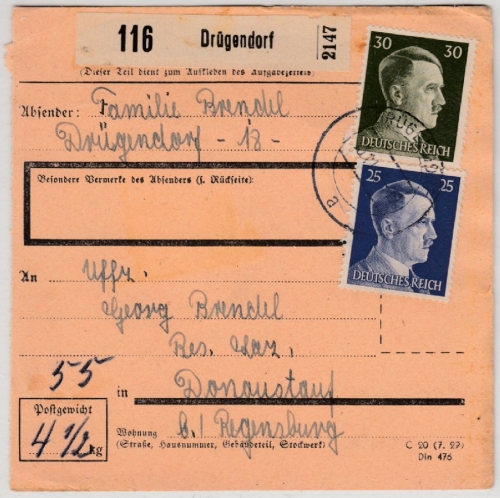 DR - 30+25 Pfg. AH, Paketkarte Drügendorf - Donaustauf 1943