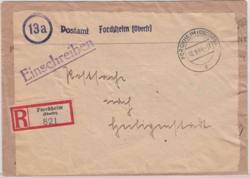 DR - Forchheim 1944, Postsache-Einschreiben n. Heiligenstadt, Notkuvert o.Inhalt