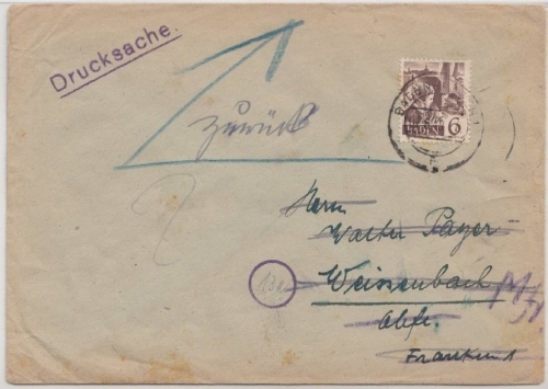 FZ/Bizone - Kersbach ü. Lauf, Poststelle II L2 rs./Retourvermerk a. Drucksache