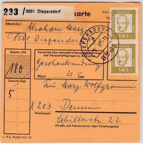BRD - 2x90 Pfg. Bed. Deutsche, MEF a. Paketkarte Diepersdorf - Demin/DDR 1968