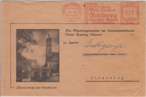 DR - 12 Pfg. AFS "900 Jahre Amberg", illustr. Werbeumschlag (Martinskirche) 1936