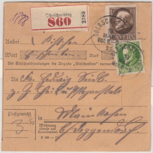 Bayern - 1 M. + 5 Pfg. Ludwig, Einschreibe-Paketkarte Oberschneiding - Mainkofen