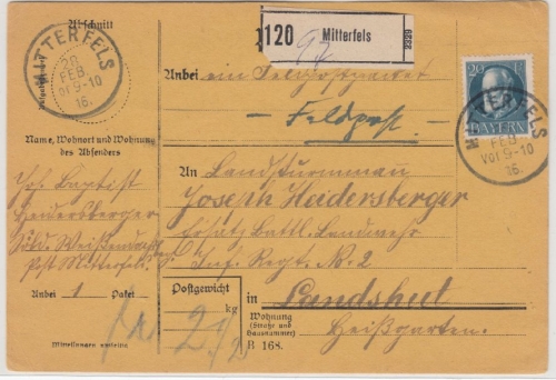 Bayern - 20 Pfg. Ludwig, Feldpost-Paketkarte/Sondertarif Mitterfels - Landshut