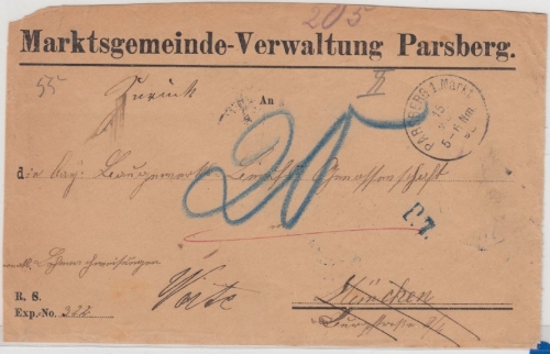 Bayern - Parsberg 1 Markt, K1 a. unfrank./Nachporto-Brief n. München 1895