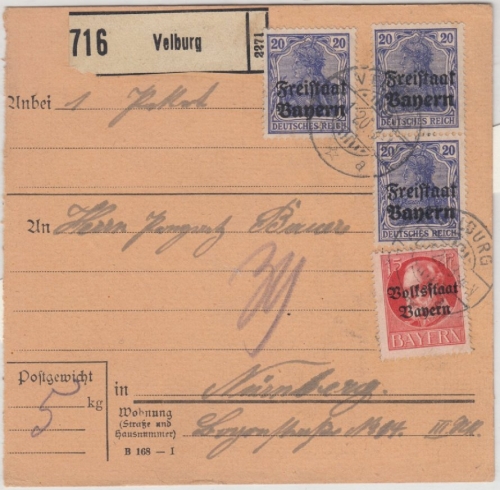 Bayern - 3x20 Pfg. Germania/Freistaat u.a., Paketkarte Velburg - Nürnberg 1920