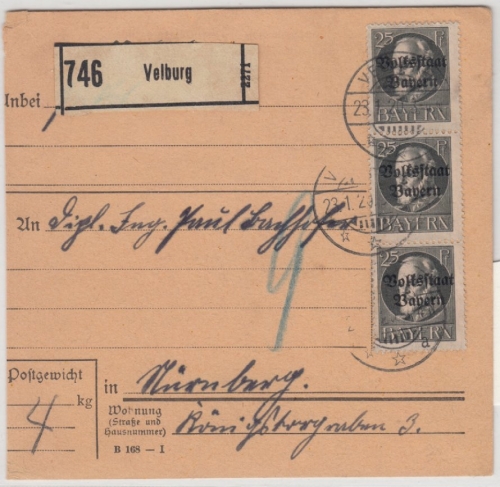 Bayern - 3x25 Pfg. Ludwig/Volksstaat, Paketkarte Velburg - Nürnberg 1920