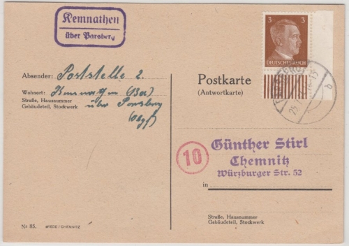 DR - Kemnathen über Parsberg, Landpost-Ra2 a. Drucksachenkarte n. Chemnitz 1944