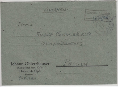 All.Bes. - Hohenfels 26.11.45, Gebühr bezahlt Ra2 a.Brief n. Passau, ohne Inhalt