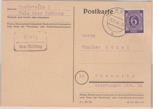 All.Bes./Kontrollrat - Sulz ü. Nabburg, Landpost-Ra2 a. Drucksachenkarte 1946 n.
