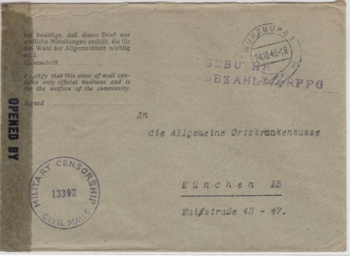 All.Bes. - Würzburg 3 - 24.10.45, GEBÜHR BEZAHLT ...RPFG, L2 a. Zensurbrief n.