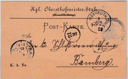 Bayern - Bayreuth 1903, portofr. Karte (Kgl. Obersthofmeister-Stab) n. Bamberg