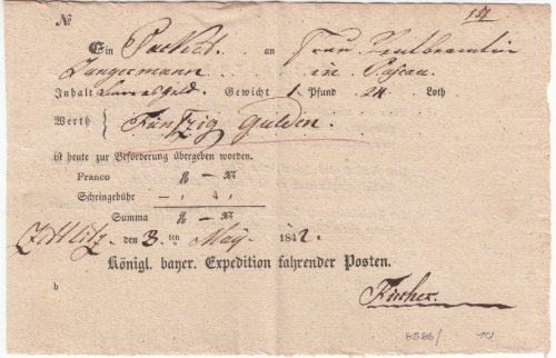Bayern - Zettlitz, Fahrpost-Aufgabeschein f. Paket n. Passau 1842