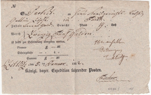 Bayern - Zettlitz, Fahrpost-Aufgabeschein f. Paket n. Fürth 1842