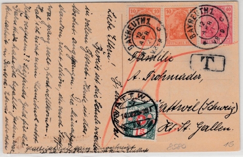 DR/Schweiz - 40+2x10 Pfg. Germania, Karte/Nachporto i.d. SCHWEIZ, Bayreuth 1921