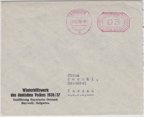 DR - Bayreuth 1936, 3 Pfg. Gebühren-Freistempel, WHW-Drucksache n. Passau