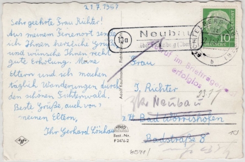 BRD - (13a) Neubau über Fichtelberg (Oberpf), Landpost-Ra2 a. Karte/Irrläufer n.