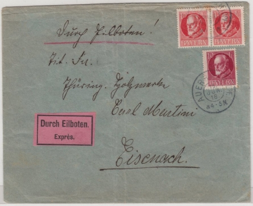 Bayern - 2x15+10 Pfg. Ludwig, Eilbrief Auerbach - Eisenach 1918