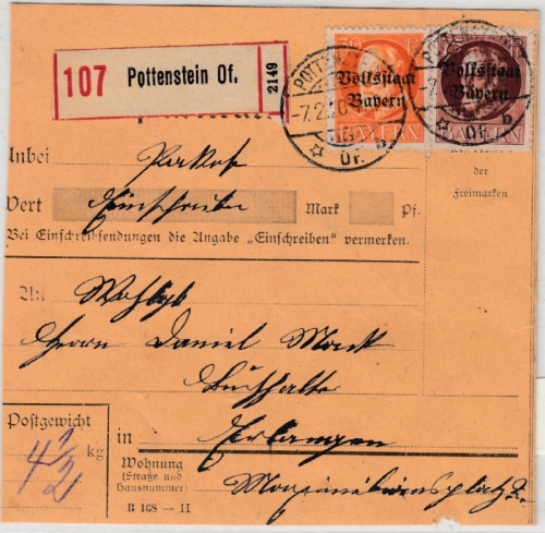 Bayern - 75+30 Pfg./Volksstaat, Einschreibepaketkarte Pottenstein -Erlangen 1920
