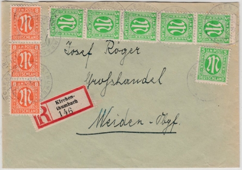 AM-Post - 6x5+3x8 Pfg., Einschreibe-Doppelbrief Kirchenthumbach - Weiden 17.1.46