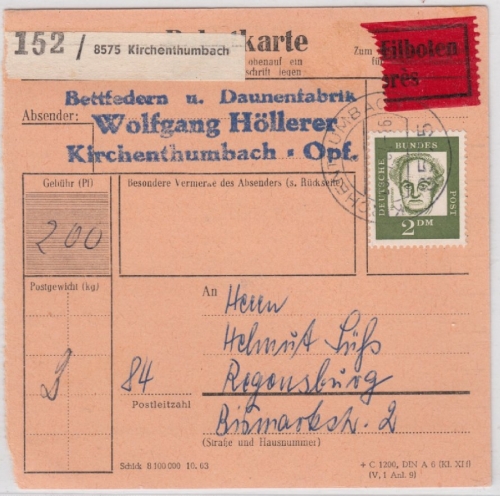 BRD - 2 M. Bed. Deutsche, Eilboten-Paketkarte Kirchenthumbach - Regensburg 1964