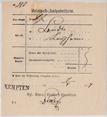 Bayern - Kempten (1877), L1 a. Briefpost-Aufgabeschein, Vordruck B5