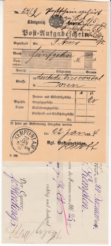 Bayern - Kempten 1894, Aufgabeschein f. Postanweisung n. ÖSTERREICH