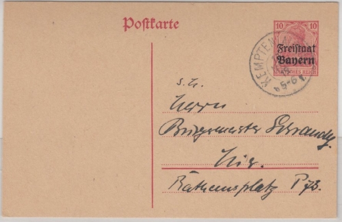 Bayern - 10 Pfg. Germania/Freistaat, GA-Karte/Ortskarte Kempten 1919