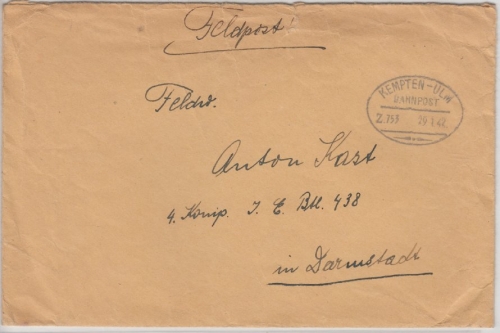 DR - Bahnpost Kempten - Ulm, Z. 753 - Feldpostbrief (Thal ü. Illertissen) 1942