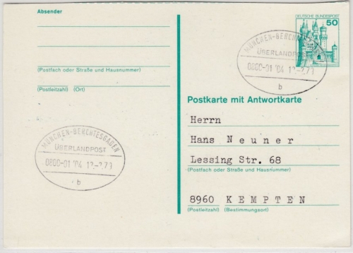 BRD - Überlandpost München - Berchtesgaden 0800-01/04, GA-Karte n. Kempten 1979