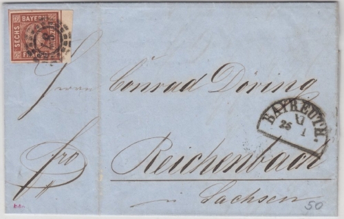 Bayern/Sachsen - 6 Kr. Quadrat braun, oMR 37+ HKS Bayreuth, Brief n. Reichenbach