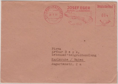 BRD - 4 Pfg. AFS "Eger Butter Käse", Drucksachenbrief Ruderatshofen - Karlsruhe