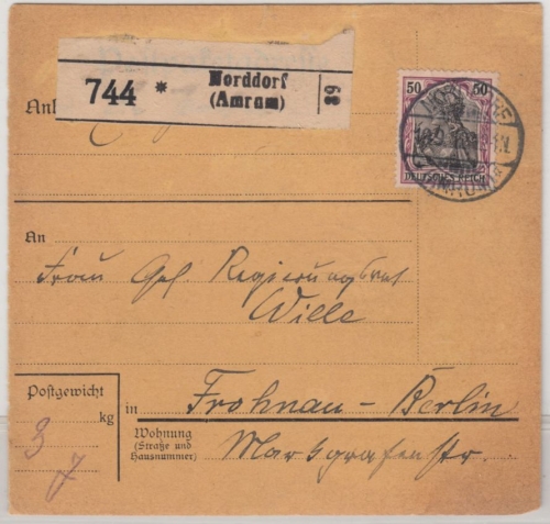 DR - 50 Pfg. Germania, Paketkarte Norddorf (Amrum) - Berlin-Frohnau 1912
