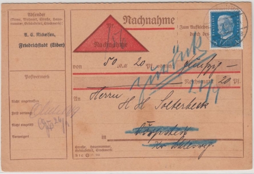 DR - 25 Pfg. Hindenburg, Nachnahmekarte Friedrichstadt (Eider) - Dörpstedt 1928