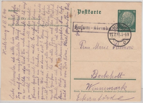 DR - Husum-Kielsburg, Landpost-Ra1 a. 6 Pfg. GA-Karte n. Bockholt 1940