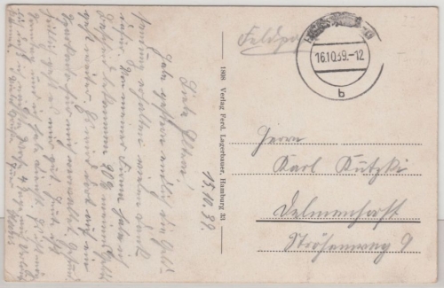DR - Feldpostkarte Tarnstempel (Hamburg) - Darmstadt 16.10.39, rs. Ansicht Husum
