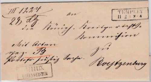 Preussen - Templin, Ra2 a. Paketbegleitbiref n. Boitzenburg, Beamten-Ra2