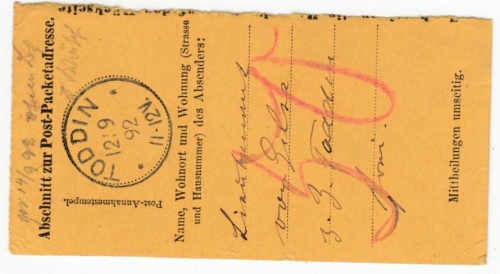 DR - Toddin 1892, K1 a. Einlieferungsabschnitt f. Paket, 50 Pfg. Gebührenvermerk