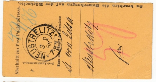 DR - Neustrelitz 1886, K2 a. Einlieferungsabschnitt f. Paket, 50 Pfg. Gebühren-