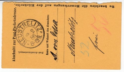 DR - Neustrelitz 1886, K2 a. Einlieferungsabschnitt f. Paket, 50 Pfg. Gebühren-