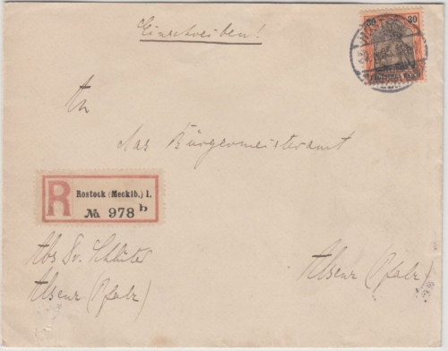 DR - 30 Pfg. Germania/o.Wz., Einschreibebrief Rostock - Alsenz 1905